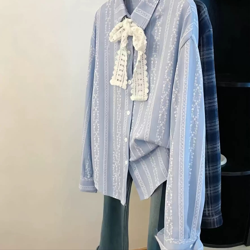Light Blue Floral Stripe Lace Bow Shirt